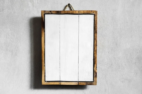 White Wooden Empty Board Hanging Gray Concrete Cement Wall Place — Stock Photo, Image