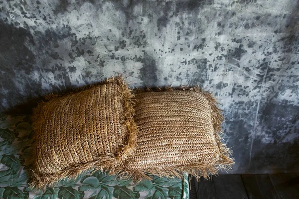 Two Straw Pillows Decoration Trendy Loft Interior Gray Concrete Cement — Stock Photo, Image