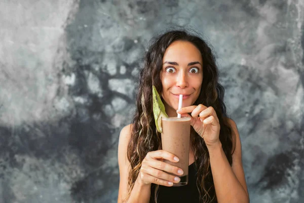 Funny Happy Woman Drinking Chocolate Milk Shake Cocoa Laughing Summer — Stock Photo, Image