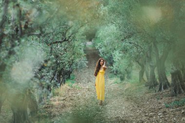 Sarı keten elbiseli kadın zeytin ağacı korusunda. Kırsal tarzda. Bahçedeki güzel kıvırcık esmer kızın portresi..
