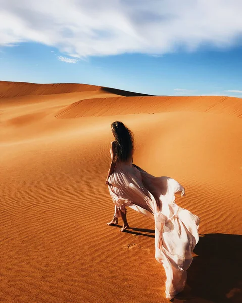 Жінка Чудовій Шовковій Сукні Фантастичним Видом Піщані Дюни Сахари Заході — стокове фото