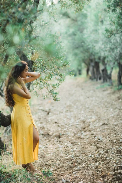 Woman Yellow Summer Linen Dress Olive Tree Garden Portrait Beautiful — Stock Photo, Image