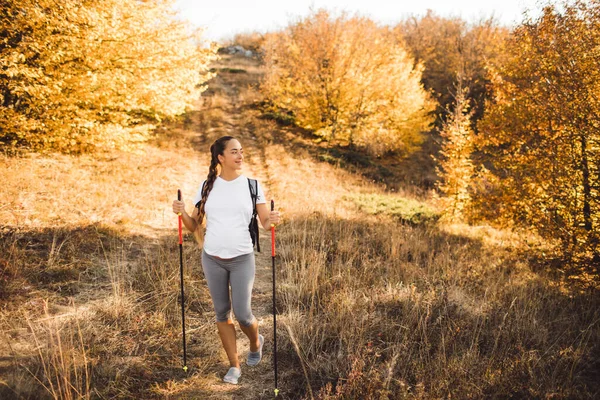 Ciężarna Kobieta Nordic Walking Jesiennym Lesie Plecakiem Trekking Kije Zdrowy — Zdjęcie stockowe