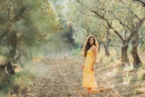 Mulher Vestido Linho Verão Amarelo Jardim Oliveira Retrato Bela Menina — Fotografia de Stock