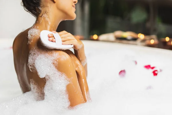 Woman Taking Bath Washing Natural Jute Sponge Tub Foam Bubbles — Stock Photo, Image