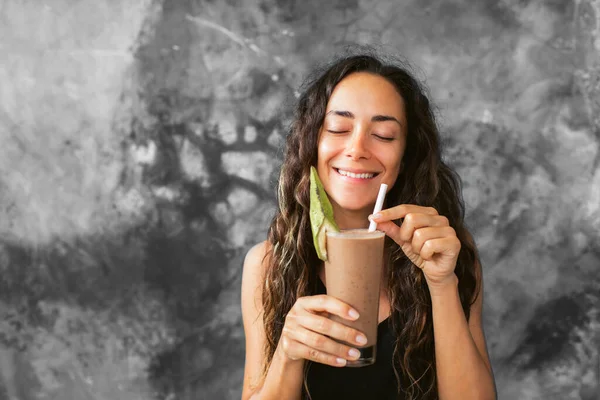Funny Happy Woman Drinking Chocolate Milk Shake Cocoa Laughing Summer — Stock Photo, Image