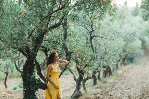 Sarı keten elbiseli kadın zeytin ağacı bahçesinde. Doğadaki güzel kıvırcık esmer kızın portresi..
