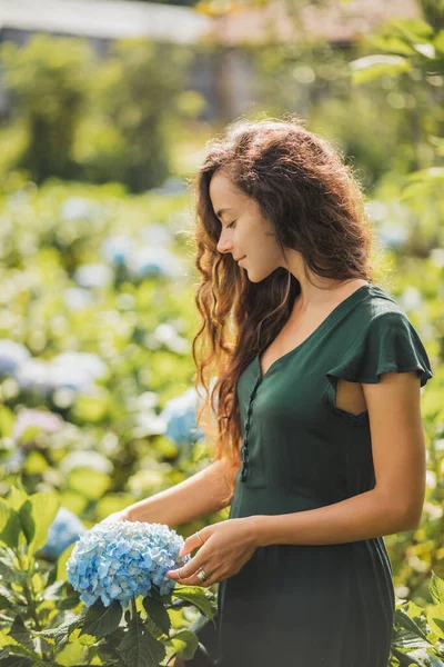 Молодая Красивая Женщина Зеленом Платье Наслаждается Цветущими Голубыми Гортензиями Цветы Лицензионные Стоковые Фото