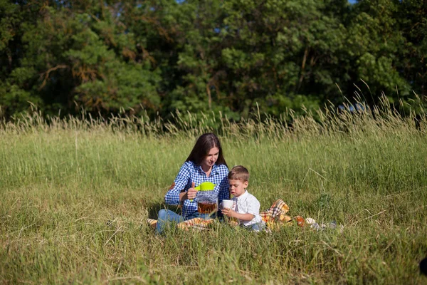 Mãe e filho comer em um piquenique em um campo — Fotografia de Stock