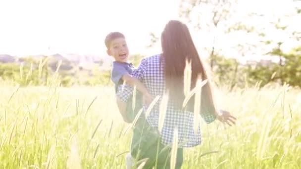 Vrouw met haar zoon in het hands van gaat over de aard van het veld — Stockvideo
