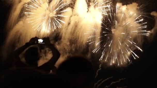 Hermosas personas que miran fuegos artificiales fuegos artificiales z — Vídeos de Stock