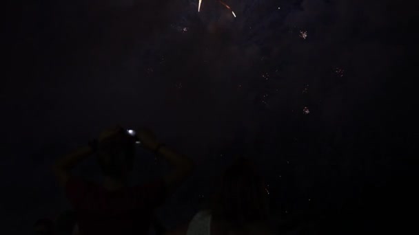 La gente feliz mira fuegos artificiales festivos — Vídeos de Stock