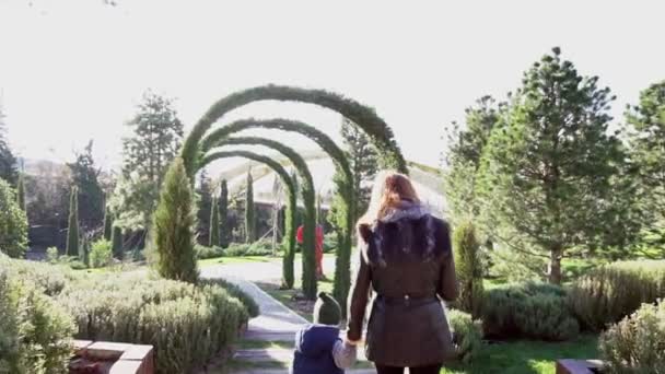 Mère et jeune fils marchent dans le parc — Video