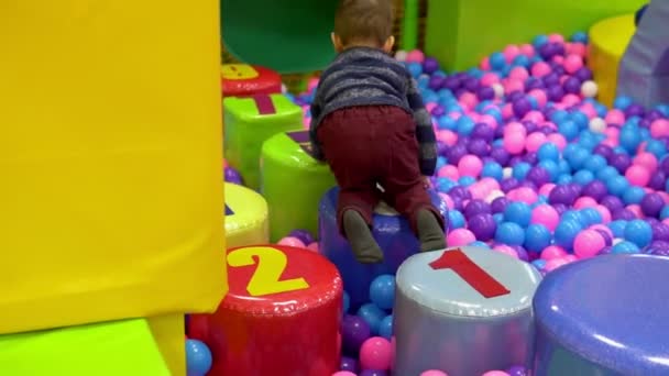 Маленький хлопчик грає на ігровому майданчику з кульками — стокове відео