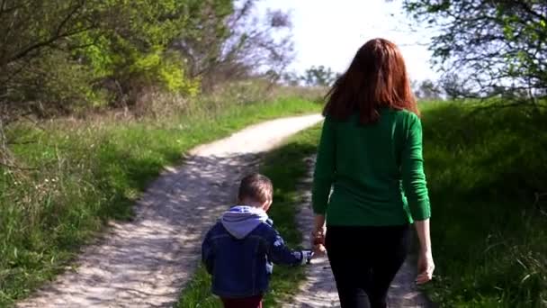 母亲和年幼的儿子走在森林的道路上 — 图库视频影像