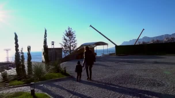 Mor och unga son promenad genom parken på gatan — Stockvideo