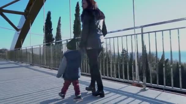 Мама и маленький сын идут по мосту — стоковое видео