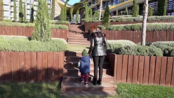 Mère et jeune fils marchent dans le parc dans la rue — Video