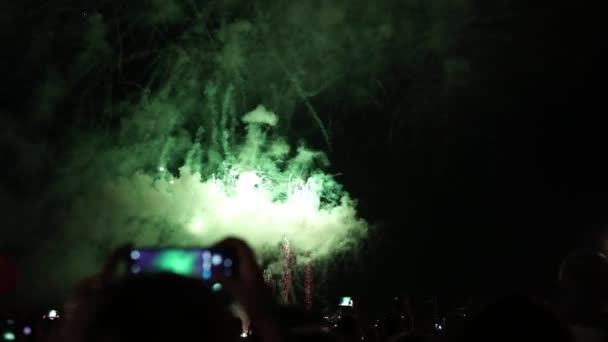 Hodně lidí dívat večer ohňostrojem ohňostroj na dovolené — Stock video