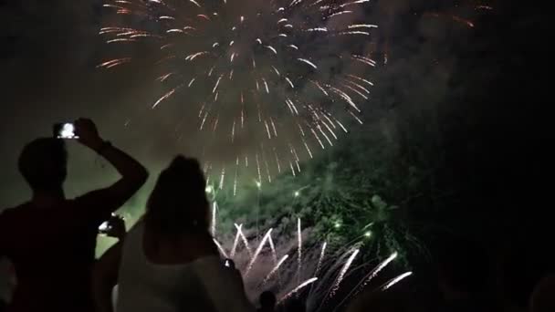 Многие люди смотрят фейерверки в праздничную ночь — стоковое видео
