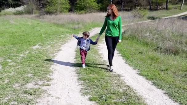 母亲和小男孩沿着森林路散步 — 图库视频影像
