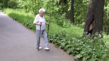 Büyükanne Nordic baston eski gri yürür