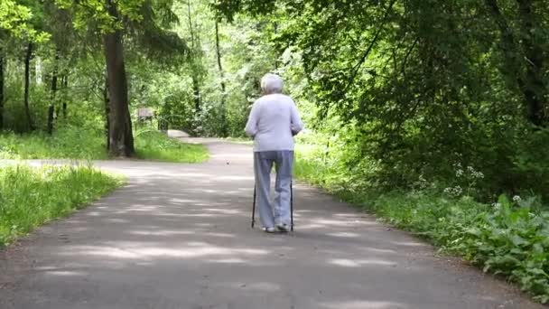 Старая бабушка ходит с палками для прогулок по дороге — стоковое видео
