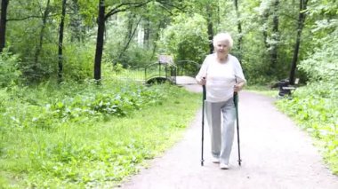 Büyükanne Nordic baston eski gri yürür