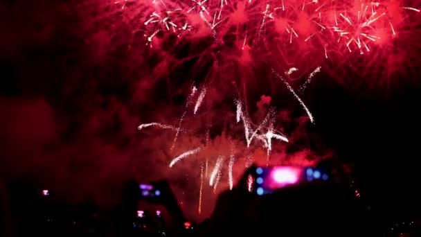 Een heleboel mensen kijken naar Fireworks vuurwerk night op vakantie — Stockvideo