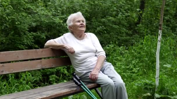 Old granny sits resting on a park bench — Stock Video