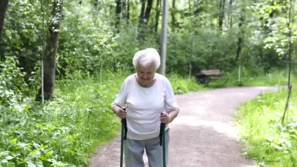 Old granny goes with sticks for walking on the road — Stock Video