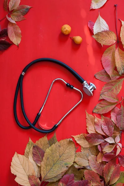 Осенний желтый листья медицинский стетоскоп с Q — стоковое фото