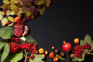 siyah bir arka plan üzerinde meyve nar fındık sarı sonbahar yaprakları