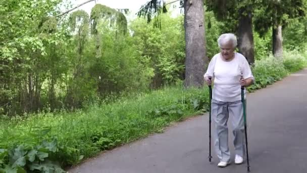 Бабушка ходит с палками серого цвета. — стоковое видео