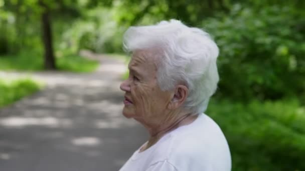 Avó caminha no parque com paus para caminhada nórdica — Vídeo de Stock