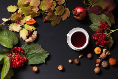 sonbahar yaprakları sarı ve kırmızı ve siyah bir zemin üzerine meyve