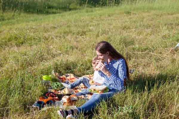 Mutter und kleiner Sohn essen bei Picknick-Naturausflug — Stockfoto