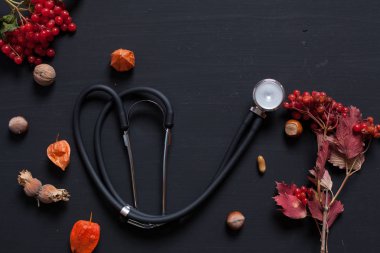 sonbahar yaprakları ve meyve ile masada stetoskop