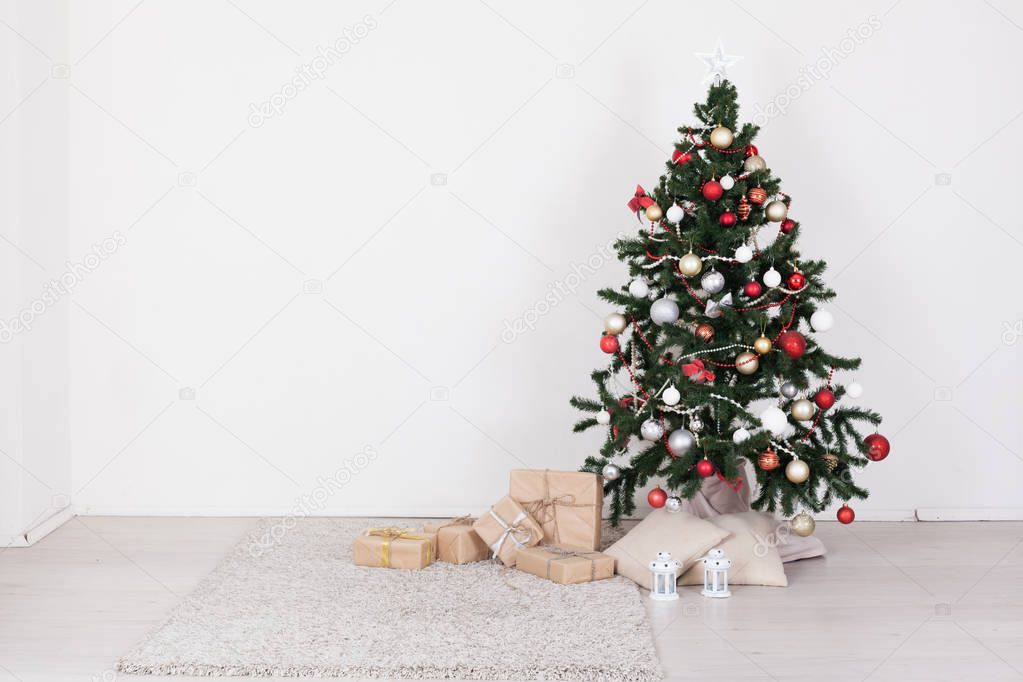 Christmas home decor with Christmas tree and gifts new year holidays