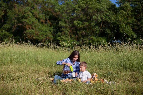 Portret matki z młodym synem jeść na piknik w lesie — Zdjęcie stockowe