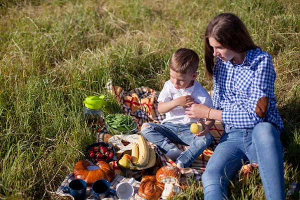 Porträt einer Mutter mit einem kleinen Sohn beim Picknick im Wald — Stockfoto
