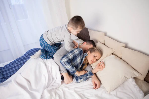 little son wakes mom dad in bed and in the morning