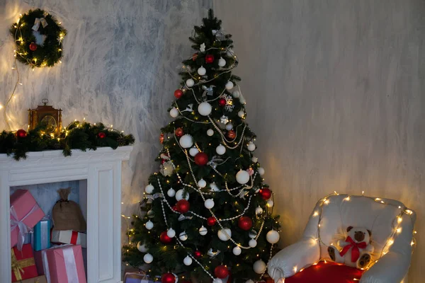 Weihnachten Hintergrund Schlafzimmer mit einem neuen Jahr Geschenke Urlaub — Stockfoto