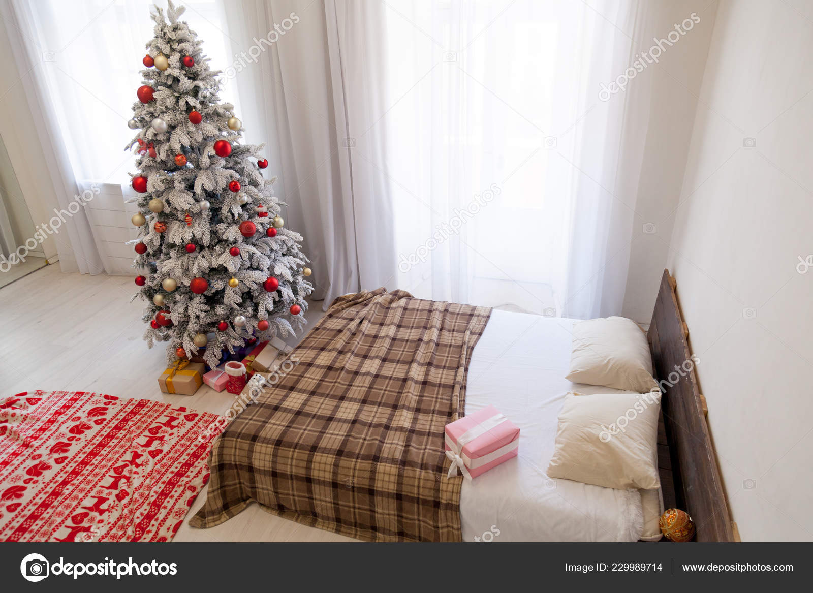 White Christmas Tree Bedroom Interior Gifts New Year Holiday