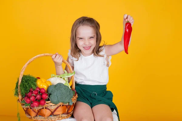 Beautiful girl with a basket of fresh vegetables, radishes, broccoli, tomato pepper — Stock Photo, Image