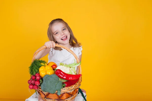 Beautiful girl with a basket of fresh vegetables, radishes, broccoli, tomato pepper — Stock Photo, Image