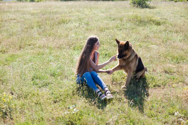 Piękna kobieta szkoły znajomego pies Owczarek niemiecki — Zdjęcie stockowe