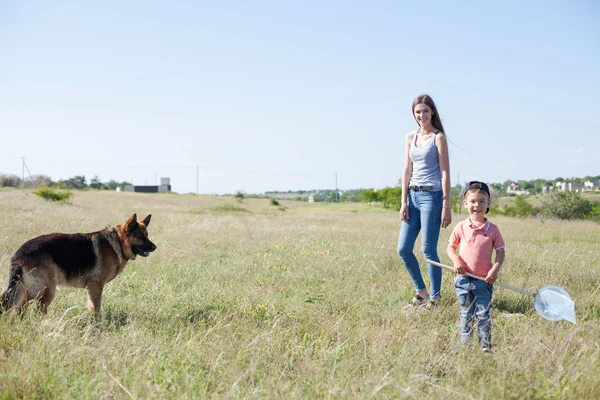Een vrouw met een kind met Duitse herder opleiding — Stockfoto