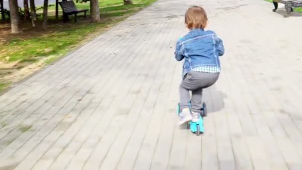 El niño monta una scooter en un parque. Niñez despreocupada — Vídeo de stock