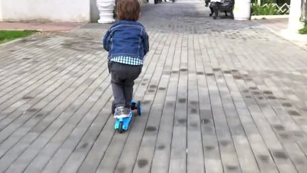 Kind rijdt een scooter in een park. Zorgeloze kindertijd — Stockvideo